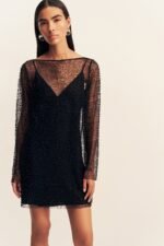 MONA BEADED LONG SLEEVE MINI DRESS - BLACK - Image 2