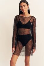 MONA BEADED LONG SLEEVE MINI DRESS - BLACK - Image 7