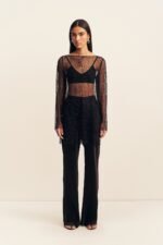 MONA BEADED LONG SLEEVE MINI DRESS - BLACK - Image 6