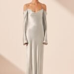 SOFIA OFF SHOULDER TIE MAXI DRESS - SILVER
