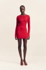 ROHE SHEER KNIT LONG SLEEVE MINI DRESS - CHERRY