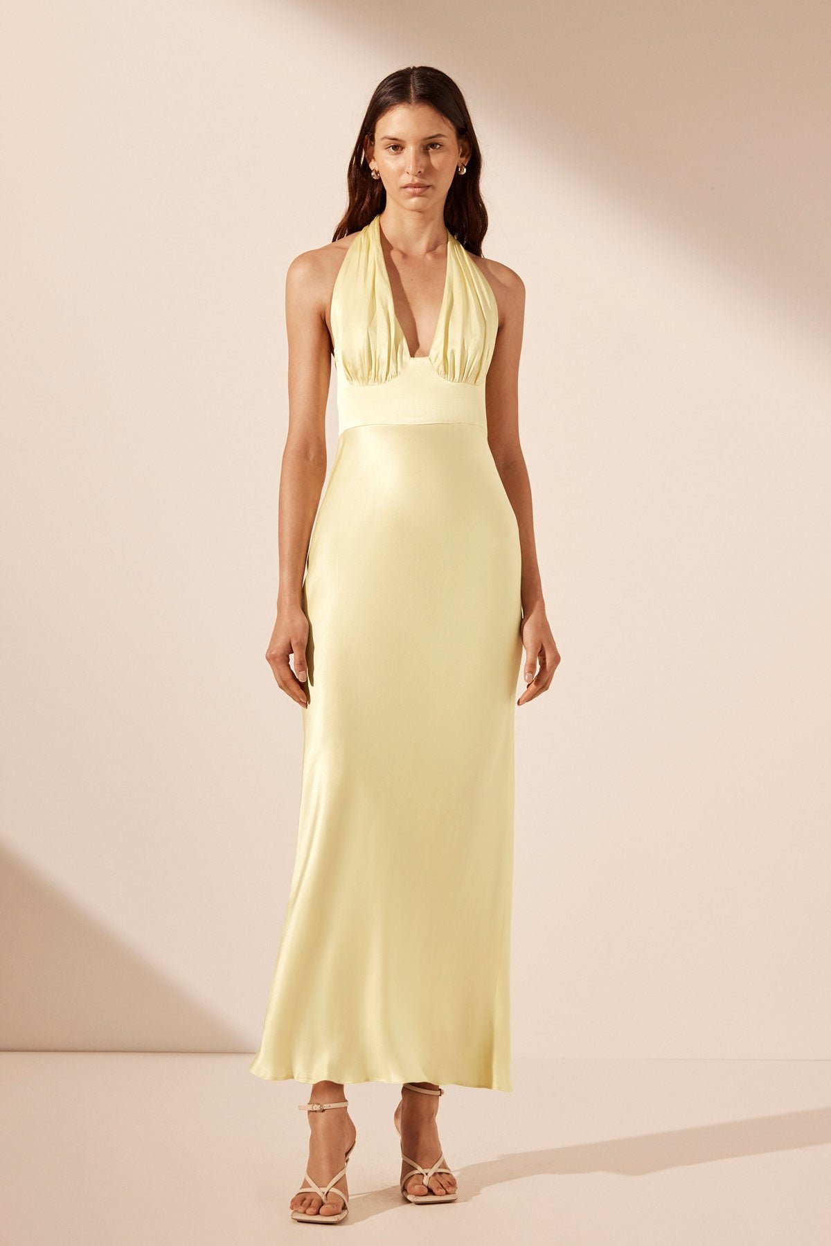 157-La-Lune-06241502-Plunged-Halter-Maxi-Dress-LEM-La-Lune-825-F-R LA LUNE PLUNGED HALTER MIDI DRESS - LEMON - Image 1