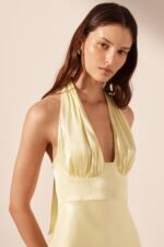 LA LUNE PLUNGED HALTER MIDI DRESS - LEMON - Image 2