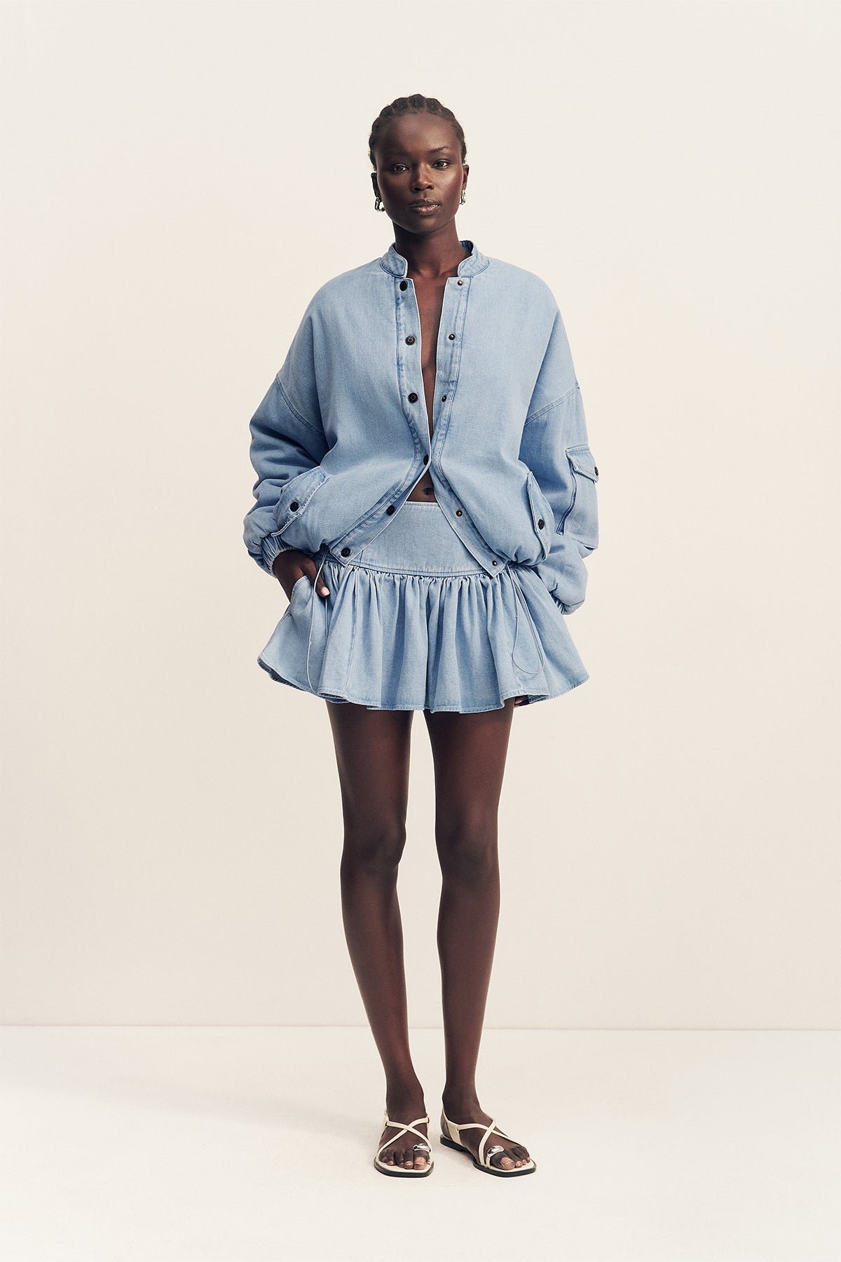 157_Ellsworth_Bomber_Jacket_1261230_BLEACHED_BLUE_1R ELLSWORTH GATHERED MINI SKIRT - Image 1