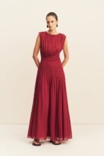AMINA PANELLED RUCHED MAXI DRESS - SANGRIA