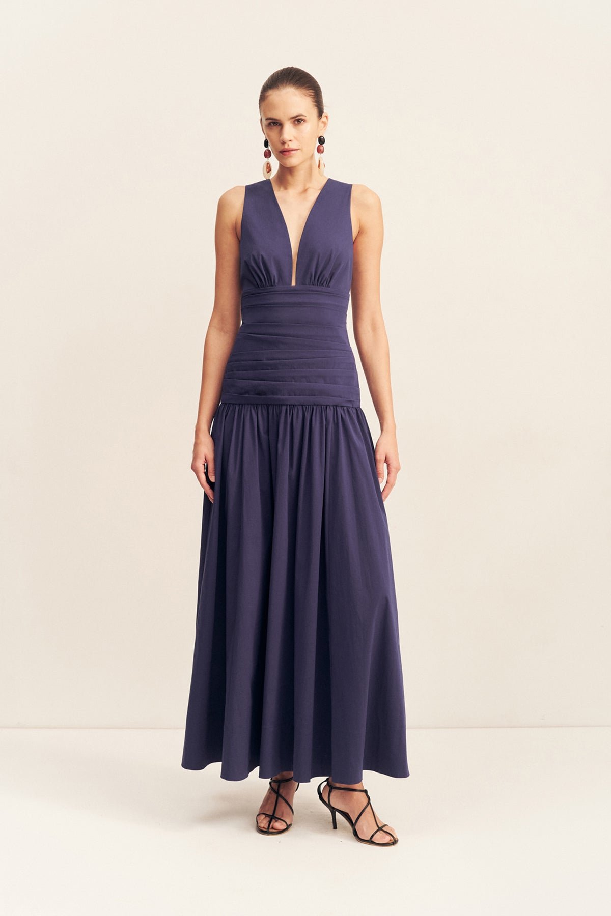 170_PLUNGED_GATHERED_MAXI_DRESS_1255338_New_Navy_1_89acd5e1-a0ea-4d62-8d6c-a111ac8ea764 CAMPBELL PLUNGED GATHERED MAXI DRESS - MIDNIGHT - Image 1