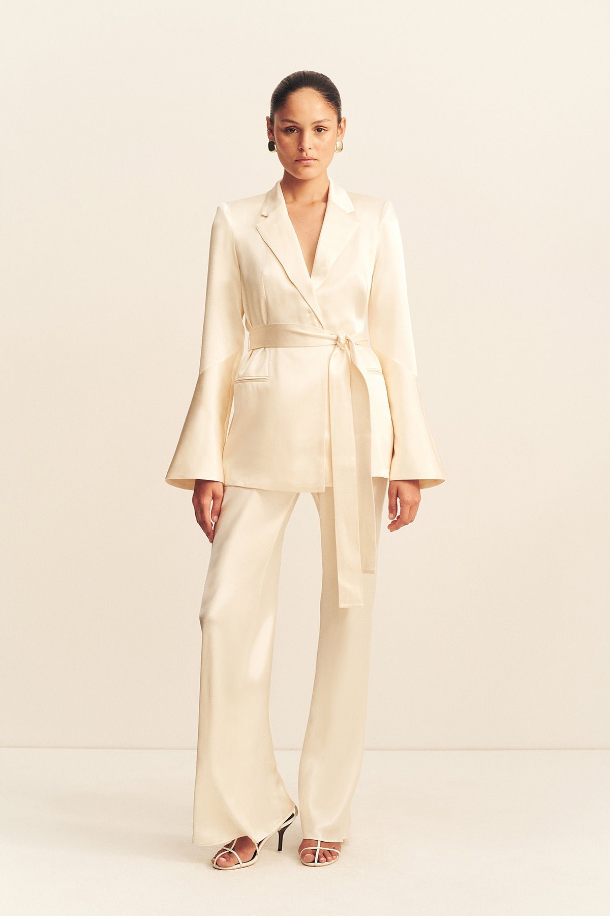 171_LA_LUNE_Flared_Sleeve_Belted_Blazer_6243503_CREAM_1 LA LUNE FLARED SLEEVE BELTED BLAZER - CREAM - Image 1