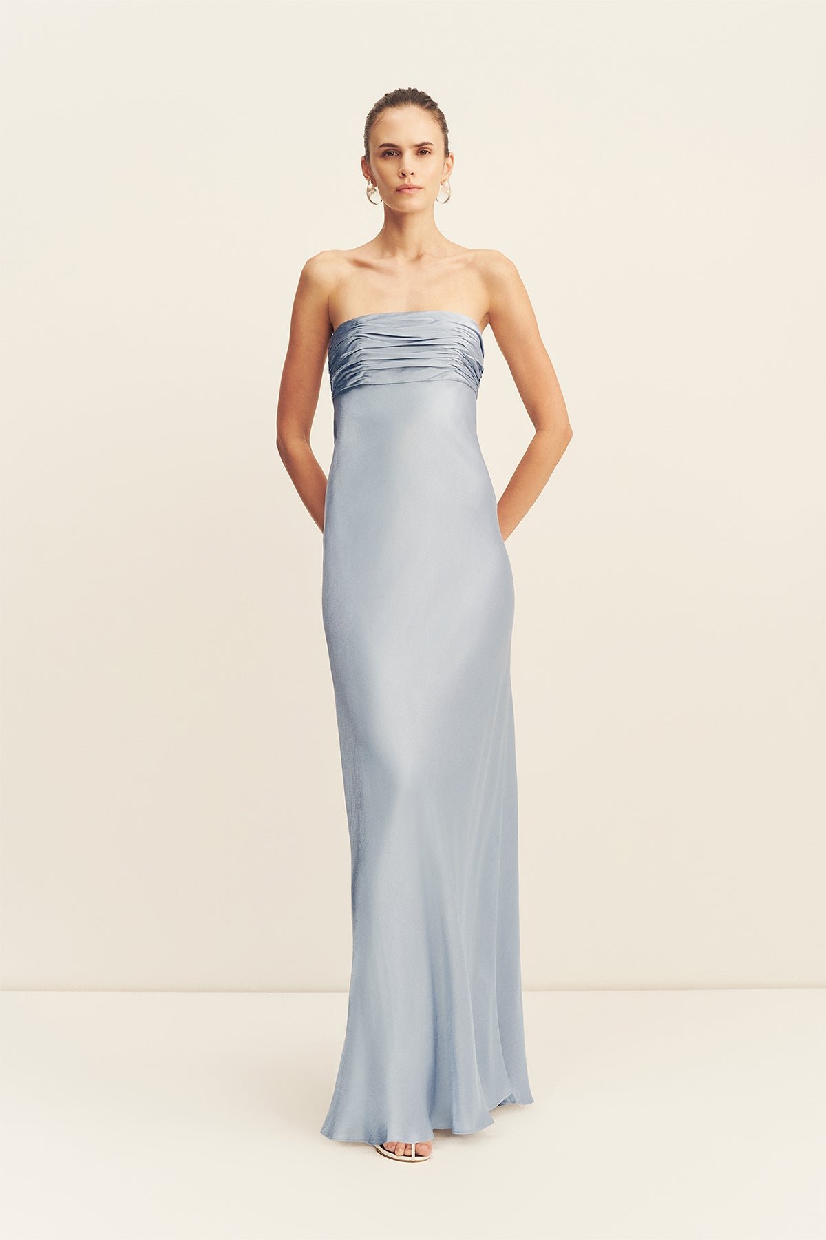 183_06234007__la_lune_strapless_ruched_bodice_maxi_dress_powder_blue_2R LA LUNE STRAPLESS RUCHED BODICE MAXI DRESS - POWDER BLUE - Image 1