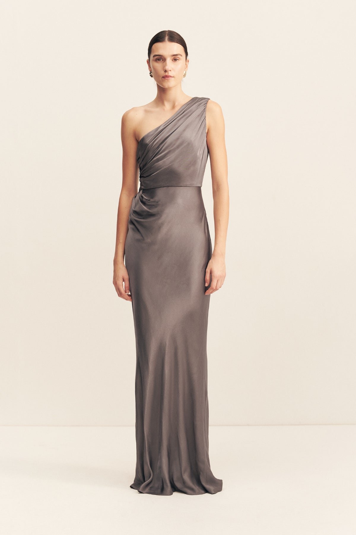189_La_Lune_one_Shoulder_Graphite_1 LA LUNE GATHERED ONE SHOULDER MAXI DRESS - GRAPHITE - Image 1