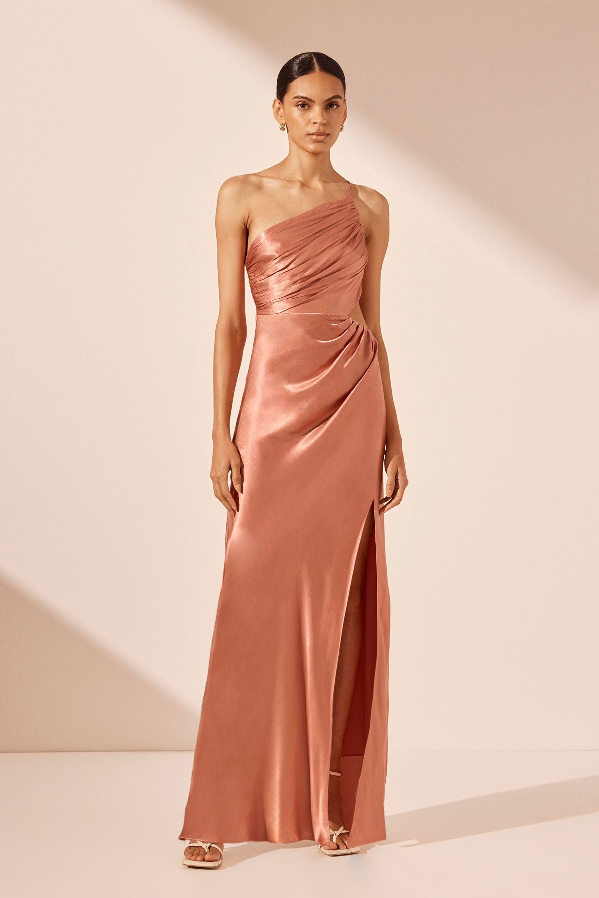 205-LA-LUNE-ASYMMETRICAL-GATHERED-MAXI-DRESS-ANTIQUE-ROSE-SJ6023ATQR-433-F1 LA LUNE ASYMMETRICAL GATHERED MAXI DRESS - ANTIQUE ROSE - Image 1