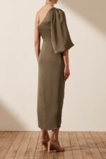 LUXE TIE FRONT ONE SHOULDER DRESS - PINE - Image 4
