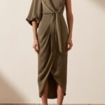 LUXE TIE FRONT ONE SHOULDER DRESS - PINE