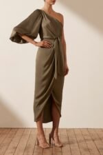 LUXE TIE FRONT ONE SHOULDER DRESS - PINE - Image 2