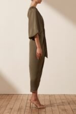 LUXE TIE FRONT ONE SHOULDER DRESS - PINE - Image 3