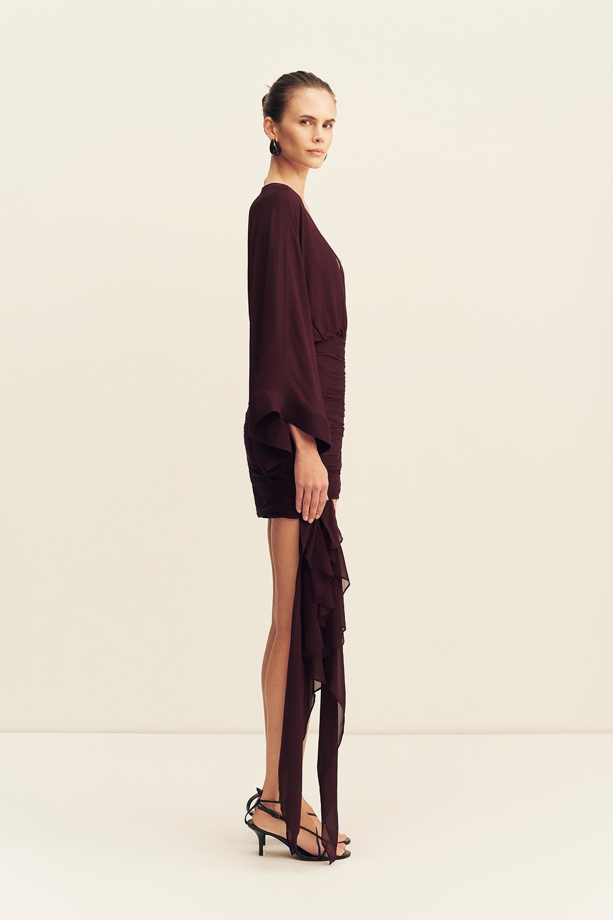 AMINA LONG SLEEVE PLUNGED MINI DRESS - WINE TASTING - Image 4