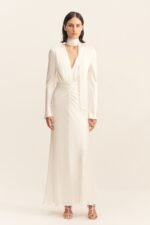 LA LUNE PLUNGED LONG SLEEVE MAXI DRESS - WHITE