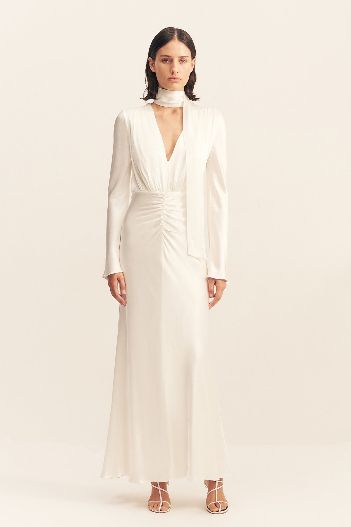 LA LUNE PLUNGED LONG SLEEVE MAXI DRESS - WHITE - Image 1