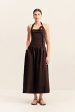 ALIAH HALTER TIE MIDI DRESS - COFFEE