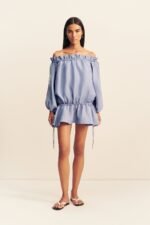 MARLOWE LINEN BLEND OFF SHOULDER MINI DRESS - CHAMBRAY