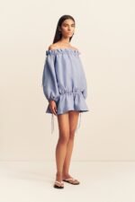 MARLOWE LINEN BLEND OFF SHOULDER MINI DRESS - CHAMBRAY - Image 3