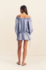 MARLOWE LINEN BLEND OFF SHOULDER MINI DRESS - CHAMBRAY - Image 5