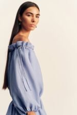 MARLOWE LINEN BLEND OFF SHOULDER MINI DRESS - CHAMBRAY - Image 2