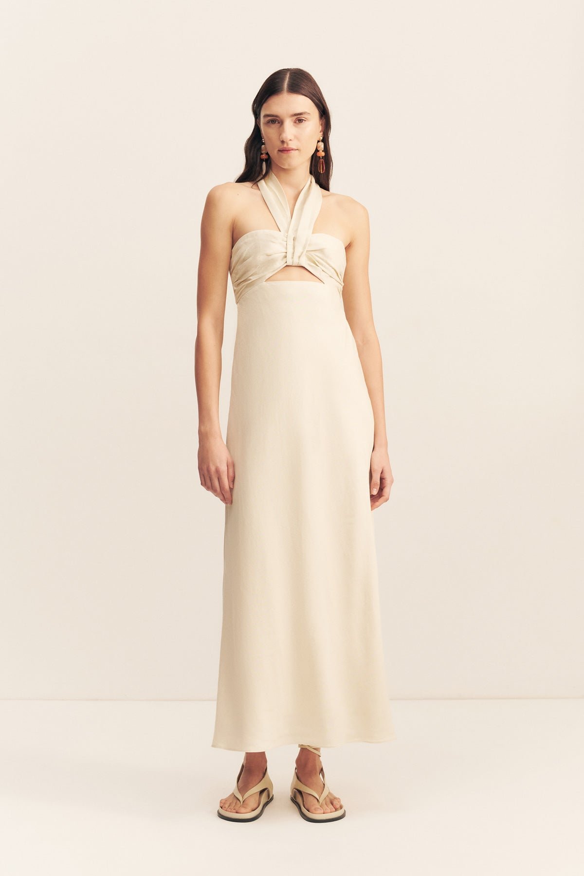 77_Gigi_Ruched_Halter_Midi_Dress_ECRU_1255223_1R GIGI RUCHED HALTER MIDI DRESS - ECRU - Image 1