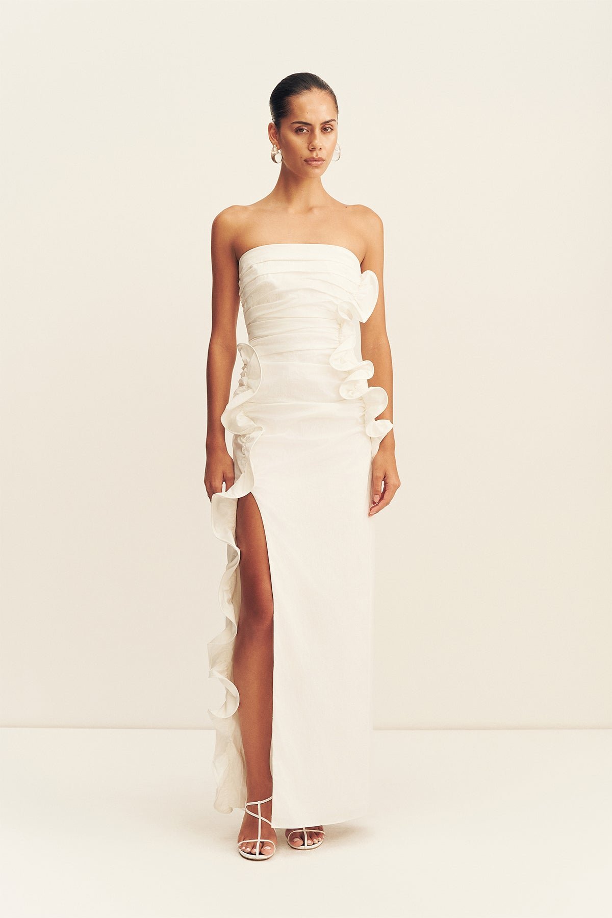 CAMPBELL RUFFLE SIDE SPLIT MAXI DRESS - IVORY - Image 1