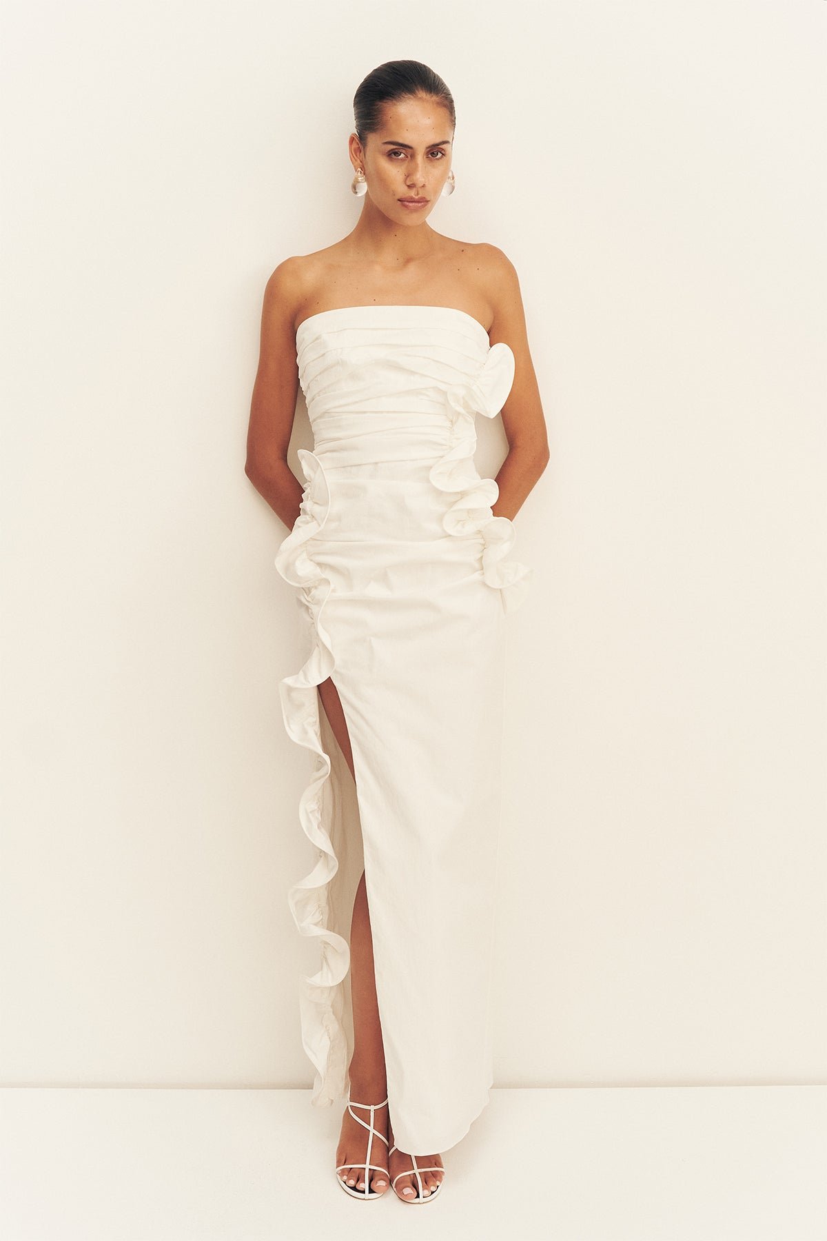 CAMPBELL RUFFLE SIDE SPLIT MAXI DRESS - IVORY - Image 3
