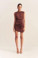 BLAIR PANELLED GATHERED MINI DRESS - COCOA