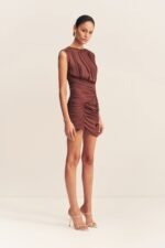 BLAIR PANELLED GATHERED MINI DRESS - COCOA - Image 3